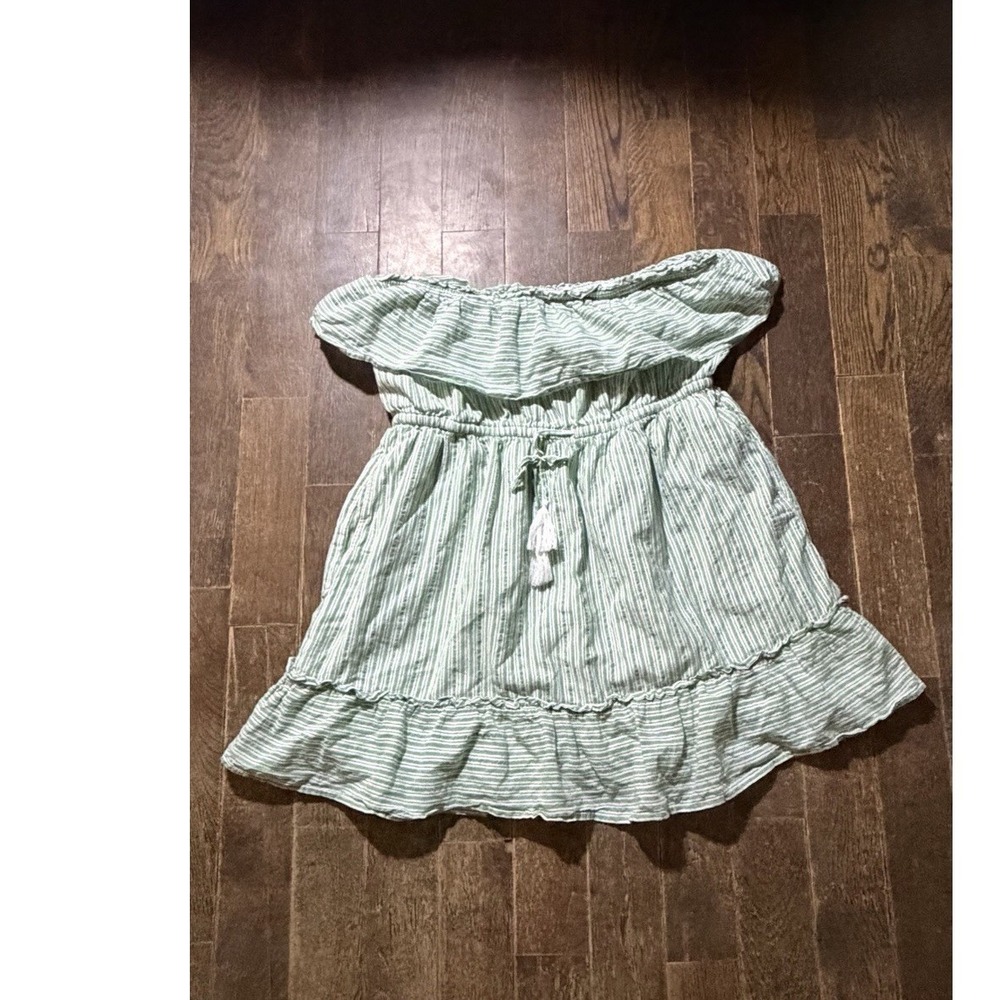 American Eagle Green White Seersucker Strapless Tassel Mini Dress XL Cotton